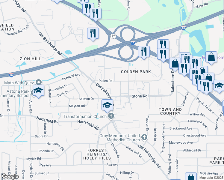 map of restaurants, bars, coffee shops, grocery stores, and more near 2503 Old Bainbridge Road in Tallahassee