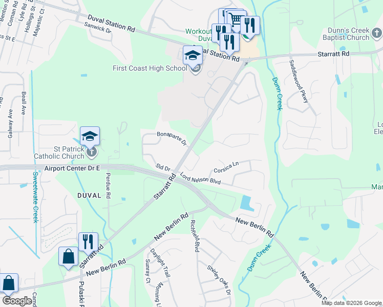 map of restaurants, bars, coffee shops, grocery stores, and more near 806 Capitol Parkway in Jacksonville