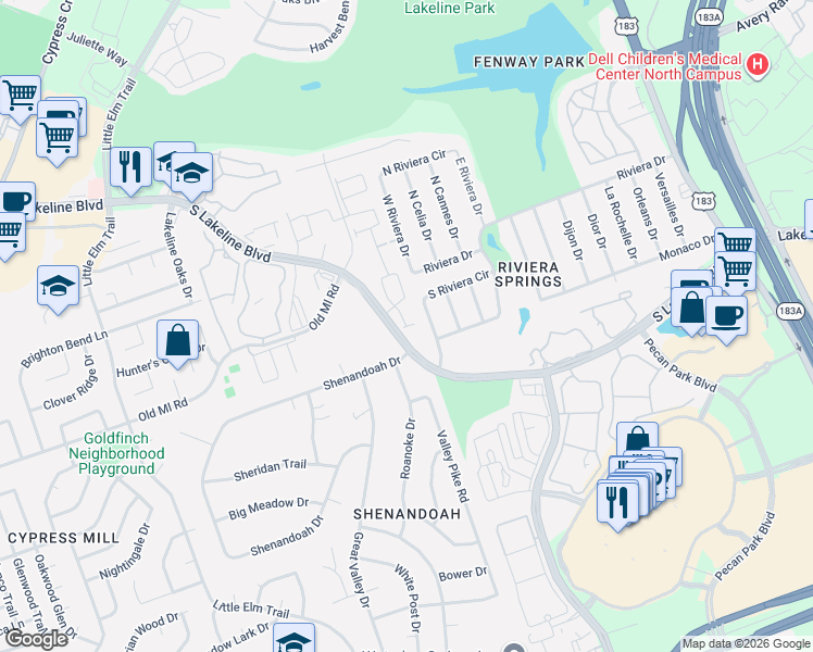 map of restaurants, bars, coffee shops, grocery stores, and more near 2500 South Lakeline Boulevard in Cedar Park