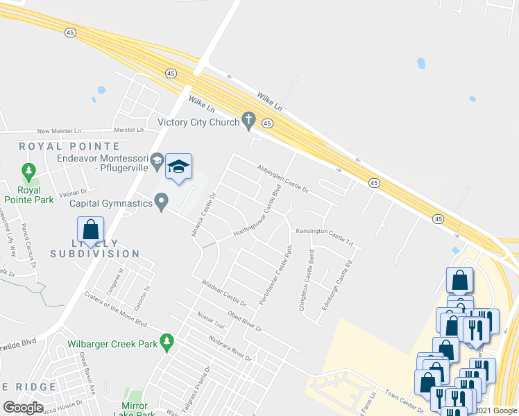 map of restaurants, bars, coffee shops, grocery stores, and more near 729 Portchester Castle Path in Pflugerville