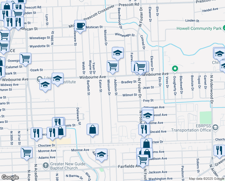 map of restaurants, bars, coffee shops, grocery stores, and more near 3112 Mission Drive in Baton Rouge