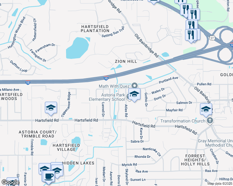 map of restaurants, bars, coffee shops, grocery stores, and more near 2526 Nugget Lane in Tallahassee