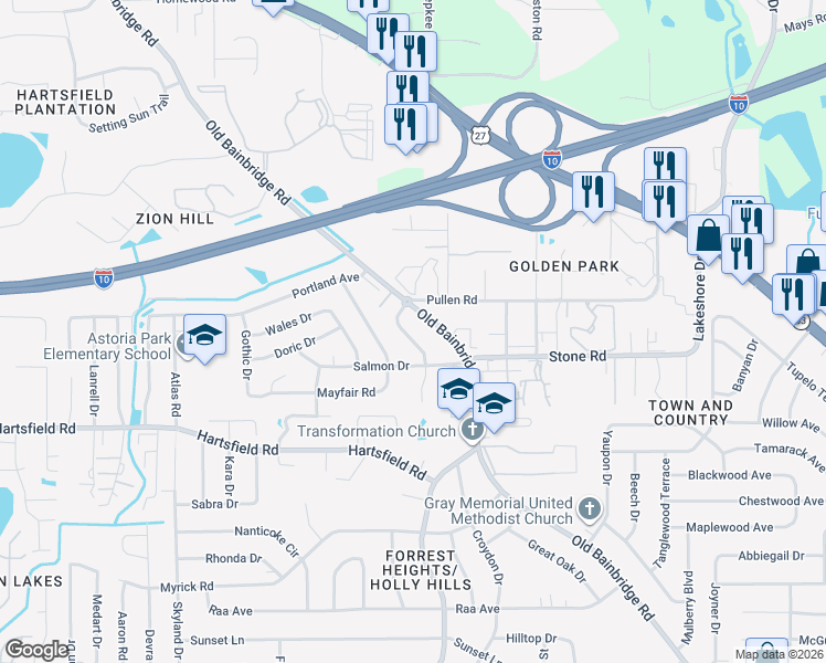map of restaurants, bars, coffee shops, grocery stores, and more near 2525 Willamette Road in Tallahassee