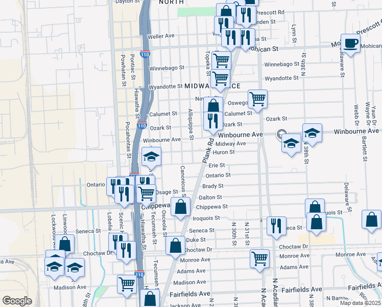 map of restaurants, bars, coffee shops, grocery stores, and more near 2688 Huron Street in Baton Rouge