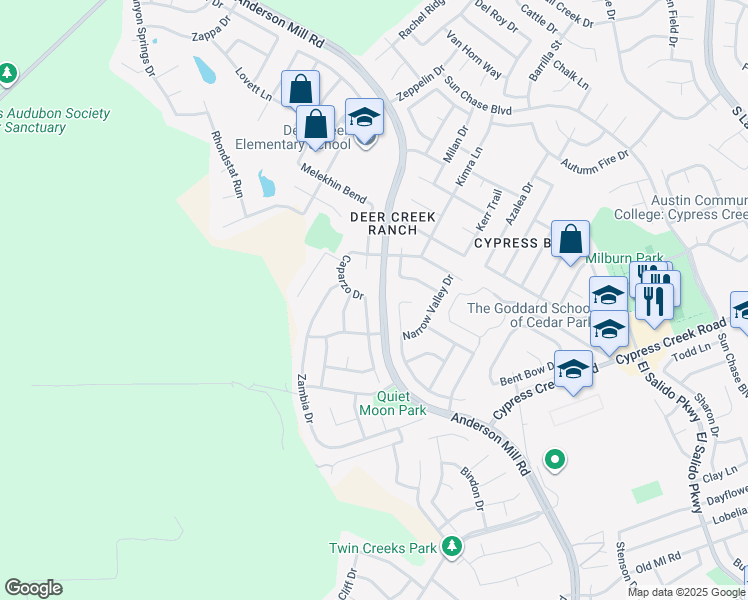 map of restaurants, bars, coffee shops, grocery stores, and more near 1604 Purple Sage Drive in Cedar Park