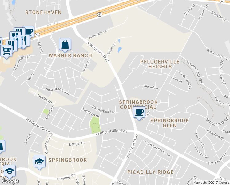 map of restaurants, bars, coffee shops, grocery stores, and more near 17816 Quitman Mountain Way in Round Rock