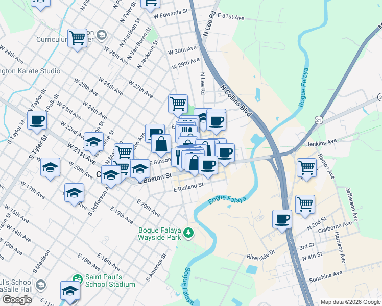 map of restaurants, bars, coffee shops, grocery stores, and more near 82738 East Gibson Street in Covington
