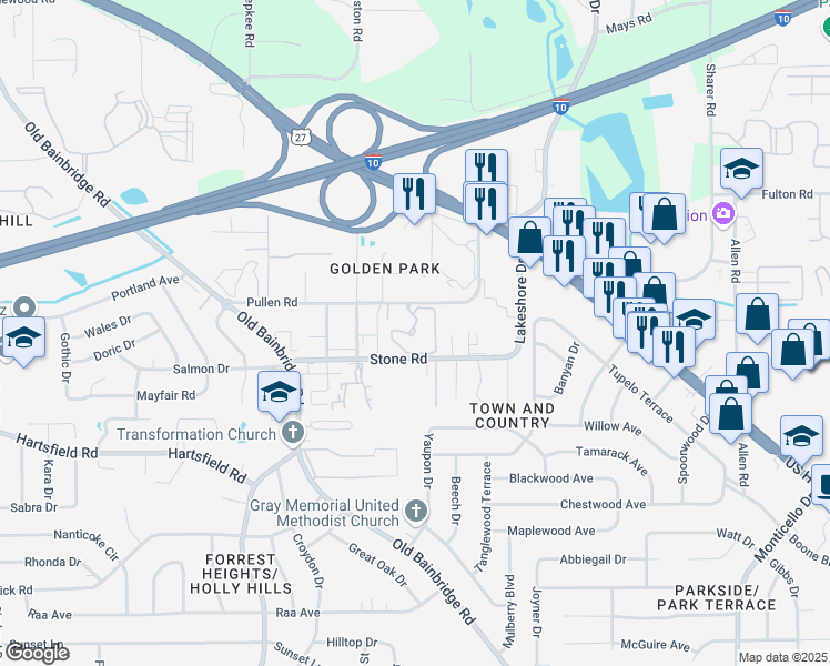 map of restaurants, bars, coffee shops, grocery stores, and more near 2 Graduate Circle in Tallahassee