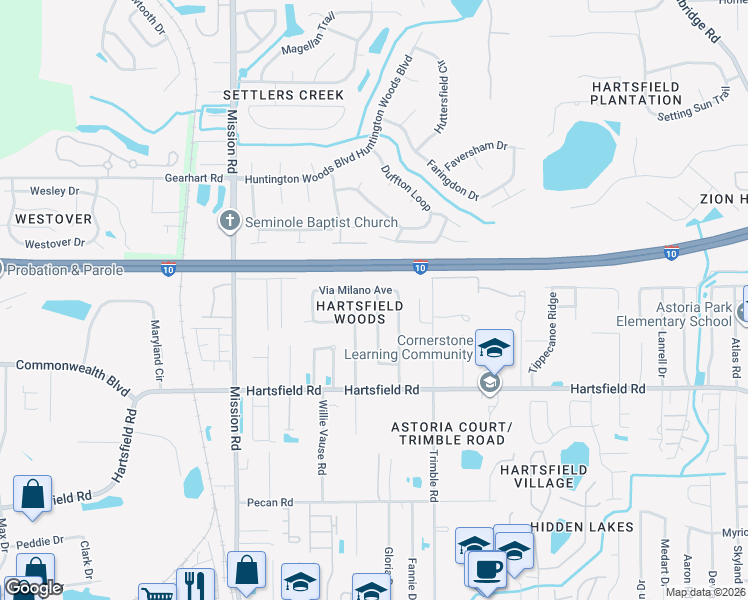 map of restaurants, bars, coffee shops, grocery stores, and more near 2713 Via Milano Avenue in Tallahassee