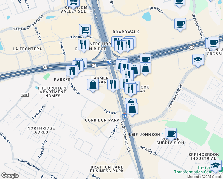 map of restaurants, bars, coffee shops, grocery stores, and more near 16950 North Interstate Highway 35 in Round Rock