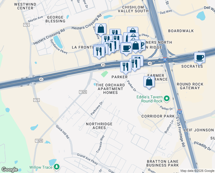 map of restaurants, bars, coffee shops, grocery stores, and more near 2811 La Frontera Boulevard in Austin