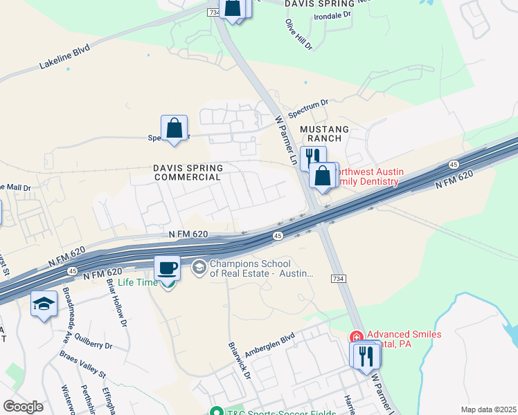 map of restaurants, bars, coffee shops, grocery stores, and more near 9409 Gynerium Drive in Austin