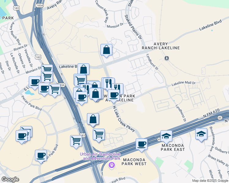 map of restaurants, bars, coffee shops, grocery stores, and more near 9725 North Lake Creek Parkway in Austin