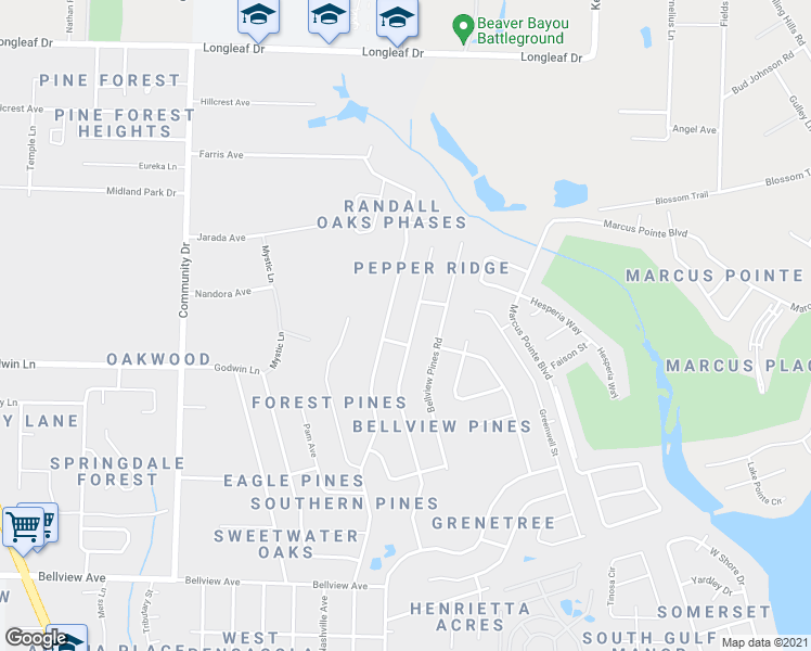 map of restaurants, bars, coffee shops, grocery stores, and more near 6659 Bellview Pines Place in Pensacola