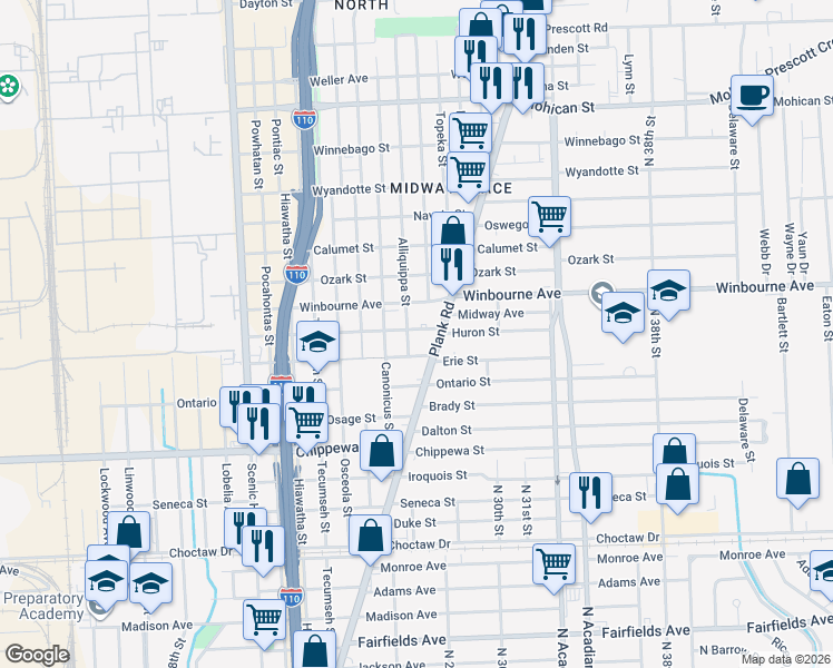 map of restaurants, bars, coffee shops, grocery stores, and more near 2688 Huron Street in Baton Rouge
