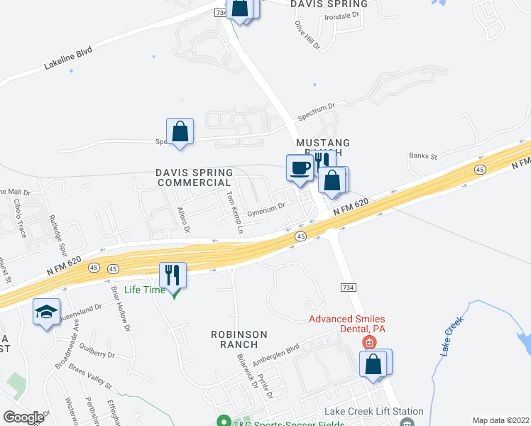 map of restaurants, bars, coffee shops, grocery stores, and more near 9409 Gynerium Drive in Austin