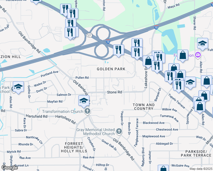 map of restaurants, bars, coffee shops, grocery stores, and more near 1417 Pullen Road in Tallahassee
