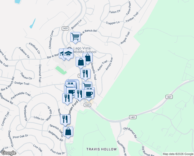 map of restaurants, bars, coffee shops, grocery stores, and more near 8009 Arapaho Trail in Leander