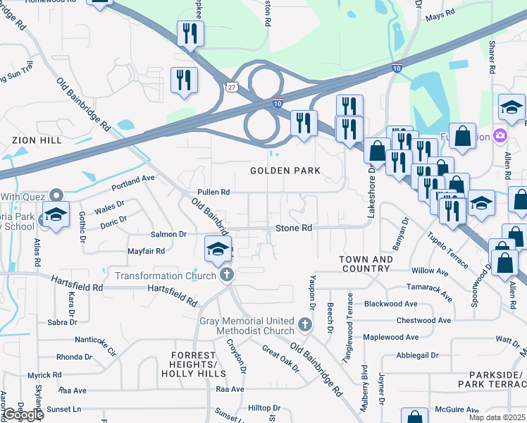 map of restaurants, bars, coffee shops, grocery stores, and more near 2412 Fred Smith Road in Tallahassee