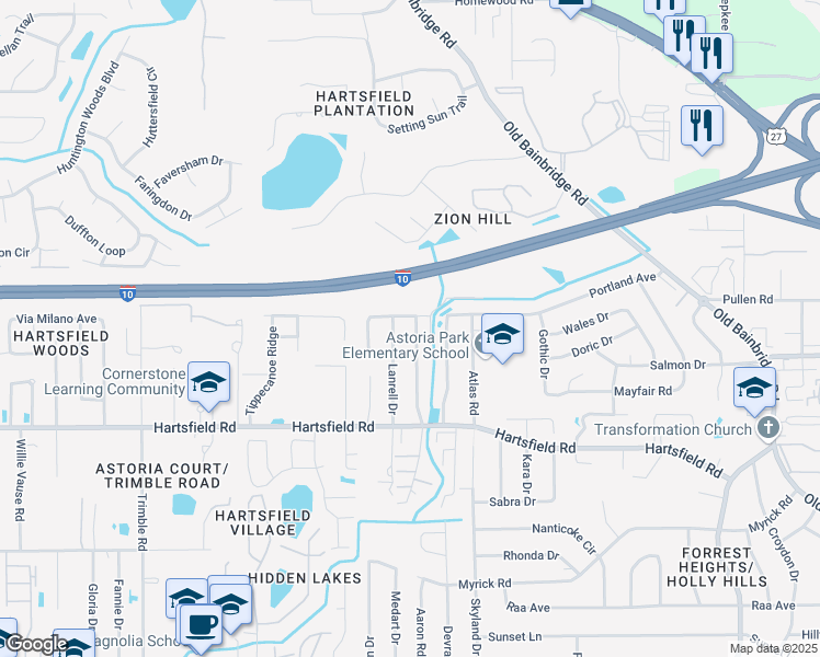 map of restaurants, bars, coffee shops, grocery stores, and more near 2486 Talco Hills Drive in Tallahassee