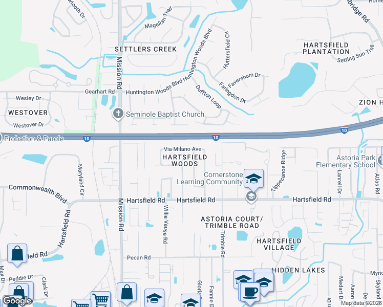 map of restaurants, bars, coffee shops, grocery stores, and more near 2713 Via Milano Avenue in Tallahassee