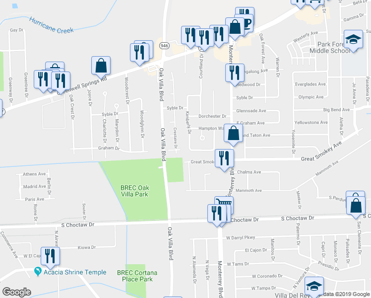 map of restaurants, bars, coffee shops, grocery stores, and more near 2923 Kimberly Drive in Baton Rouge