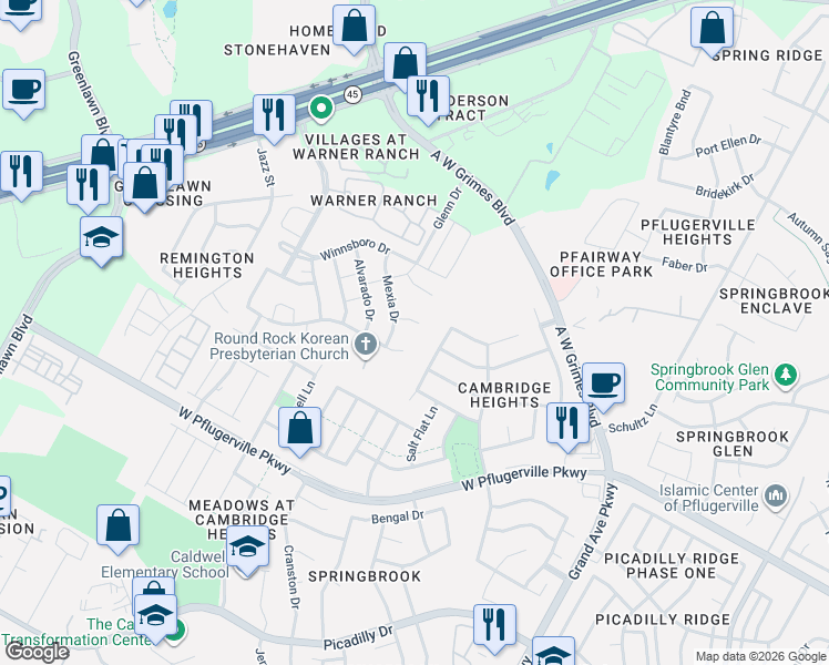 map of restaurants, bars, coffee shops, grocery stores, and more near 1022 Granbury Cove in Round Rock