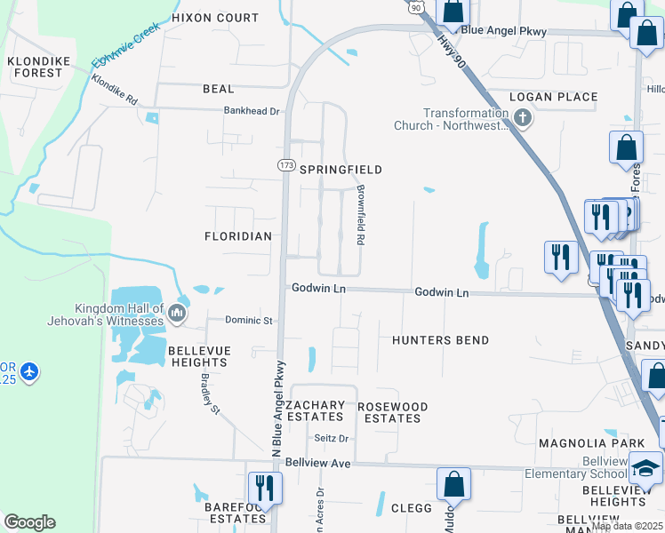 map of restaurants, bars, coffee shops, grocery stores, and more near 4004 Glenway Drive in Pensacola