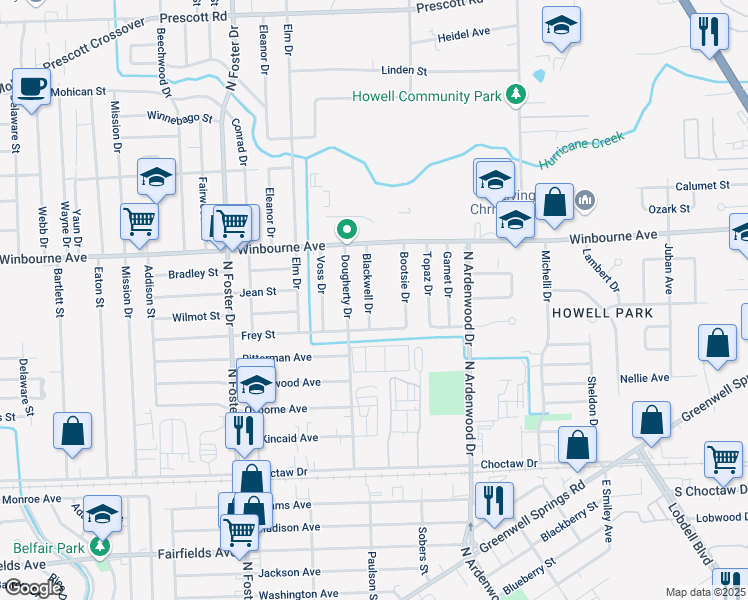 map of restaurants, bars, coffee shops, grocery stores, and more near 3038 Blackwell Drive in Baton Rouge