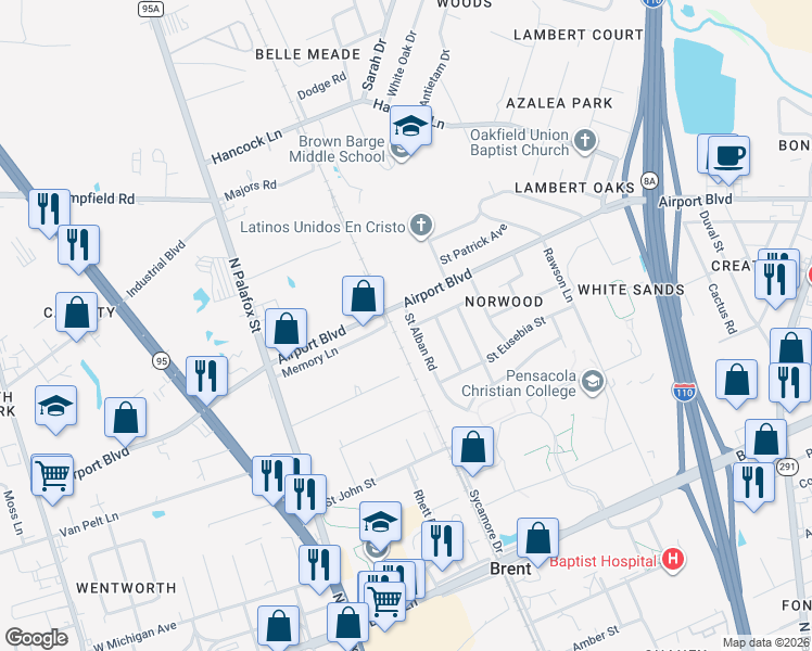 map of restaurants, bars, coffee shops, grocery stores, and more near 6079 Saint Alban Road in Pensacola