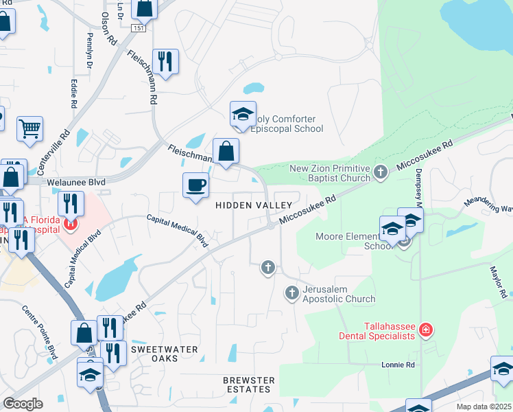 map of restaurants, bars, coffee shops, grocery stores, and more near 1925 Ascension Way in Tallahassee
