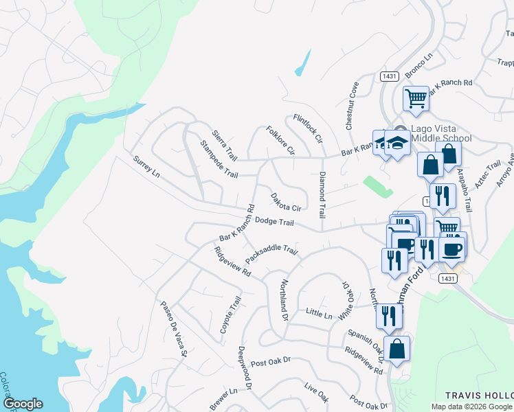 map of restaurants, bars, coffee shops, grocery stores, and more near 7607 Bar K Ranch Road in Lago Vista