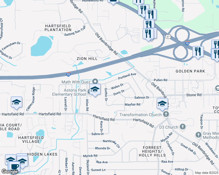 map of restaurants, bars, coffee shops, grocery stores, and more near 1832 Wales Drive in Tallahassee