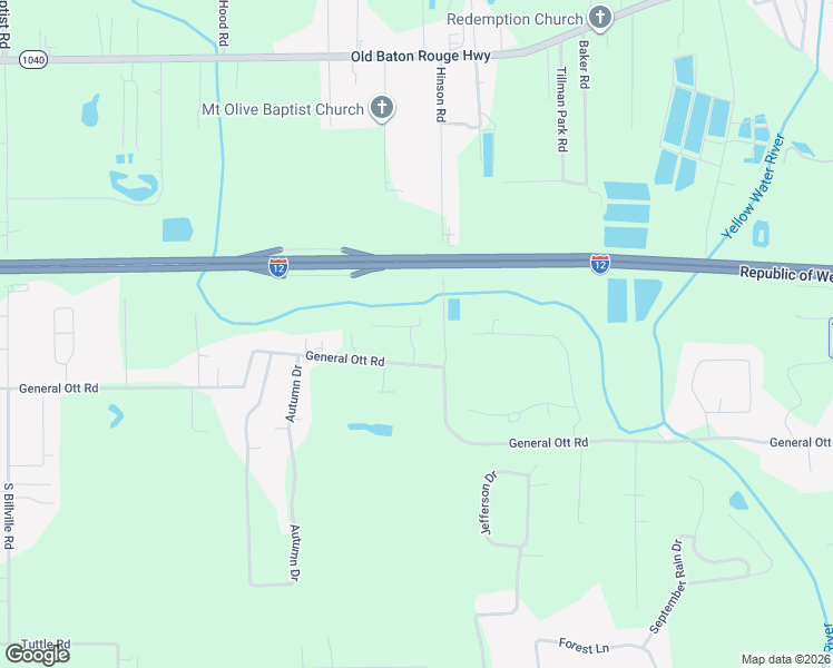 map of restaurants, bars, coffee shops, grocery stores, and more near 12511 General Ott Road in Hammond