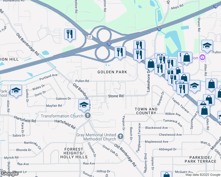 map of restaurants, bars, coffee shops, grocery stores, and more near 209 Golden Park Lane in Tallahassee