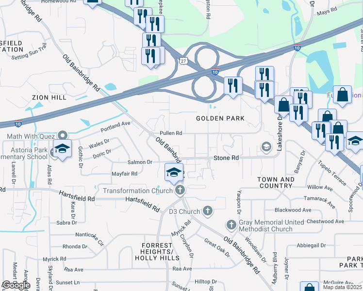 map of restaurants, bars, coffee shops, grocery stores, and more near 2507 Old Bainbridge Road in Tallahassee