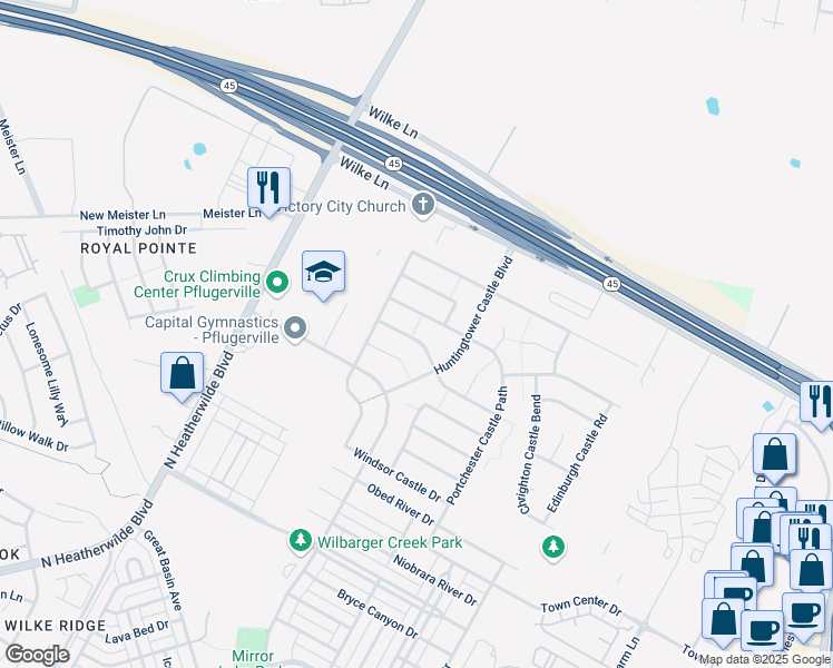 map of restaurants, bars, coffee shops, grocery stores, and more near 704 Busleigh Castle Way in Pflugerville