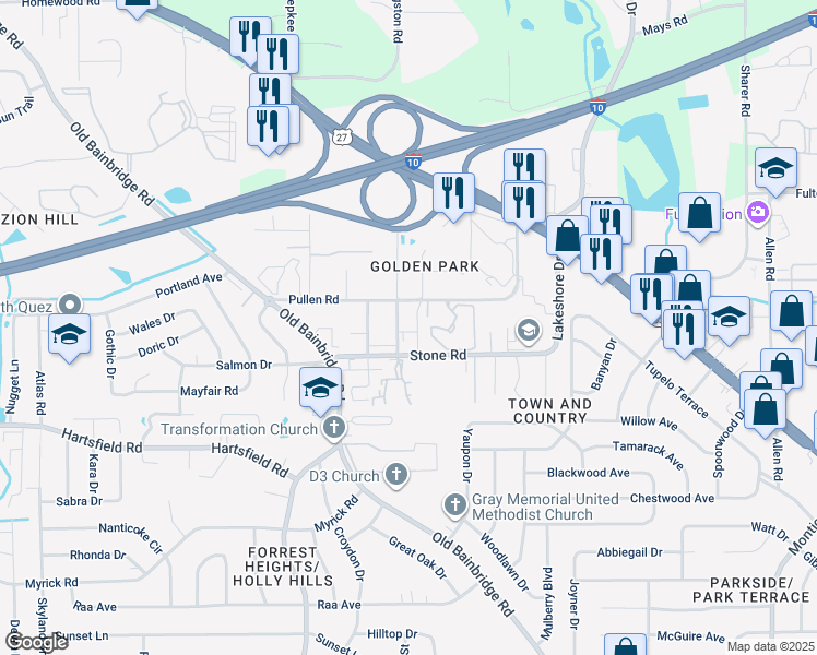 map of restaurants, bars, coffee shops, grocery stores, and more near 2412 Fred Smith Road in Tallahassee