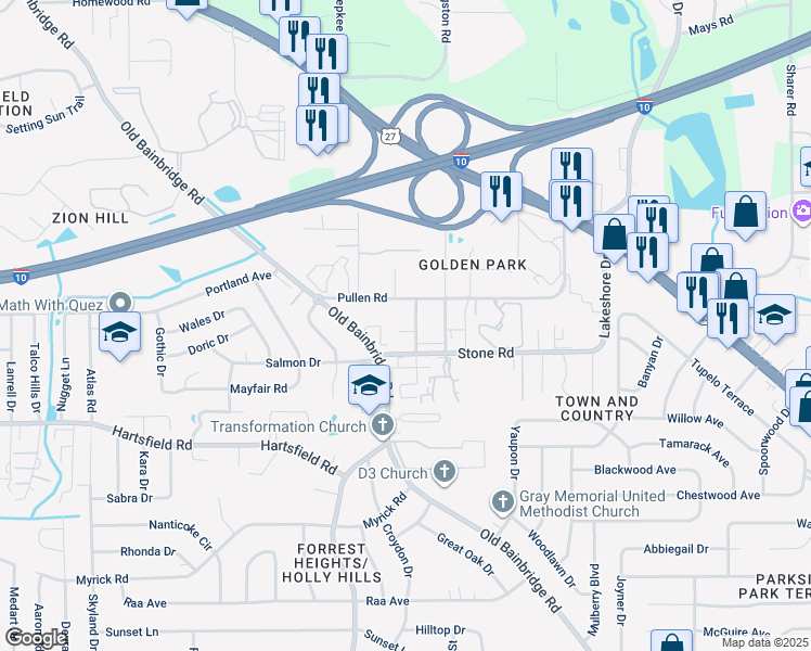 map of restaurants, bars, coffee shops, grocery stores, and more near 2412b Clemons Road in Tallahassee