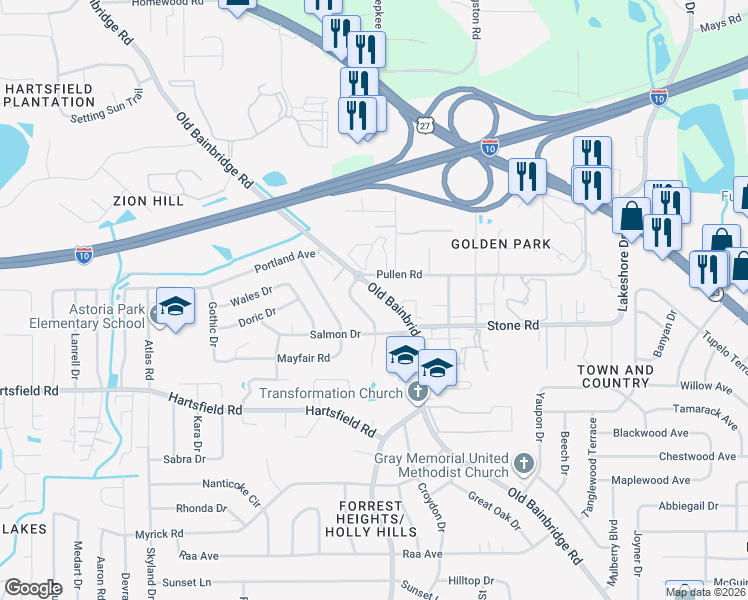 map of restaurants, bars, coffee shops, grocery stores, and more near 2525 Willamette Road in Tallahassee