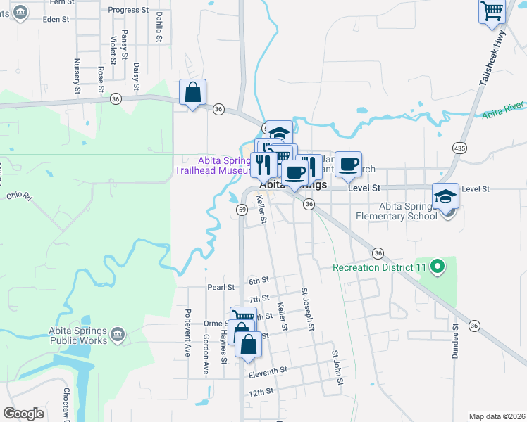 map of restaurants, bars, coffee shops, grocery stores, and more near 71642 Keller Street in Abita Springs