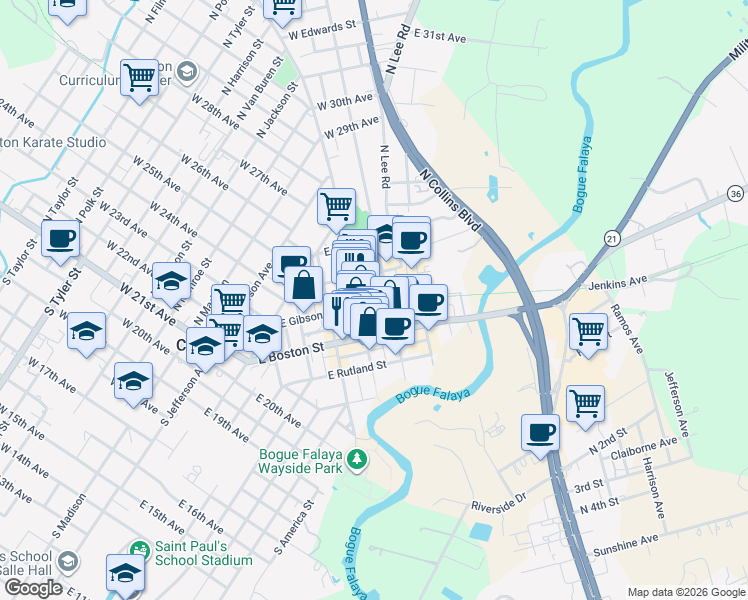 map of restaurants, bars, coffee shops, grocery stores, and more near 82738 East Gibson Street in Covington