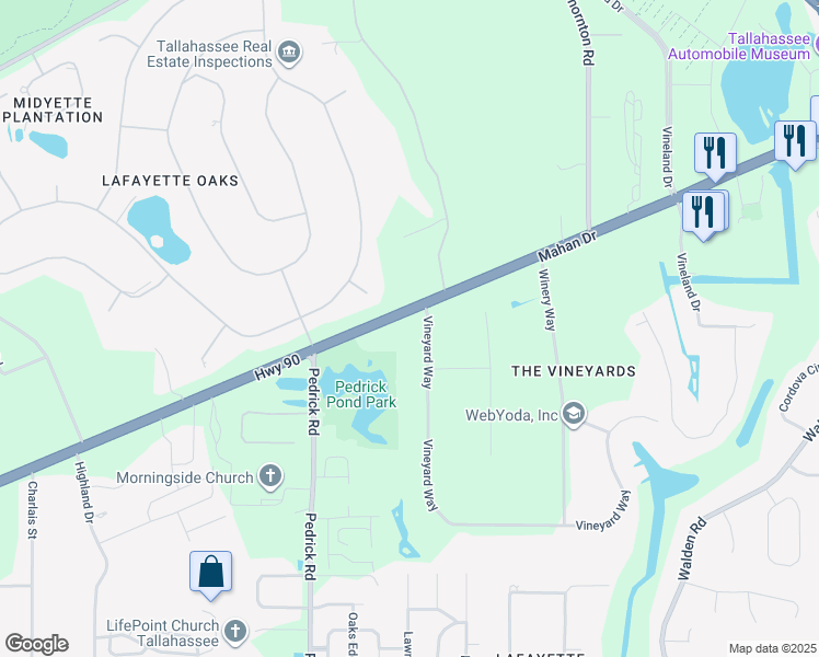 map of restaurants, bars, coffee shops, grocery stores, and more near 1912 Vineyard Way in Tallahassee
