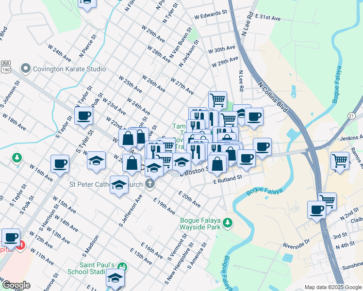 map of restaurants, bars, coffee shops, grocery stores, and more near 321 North Theard Street in Covington