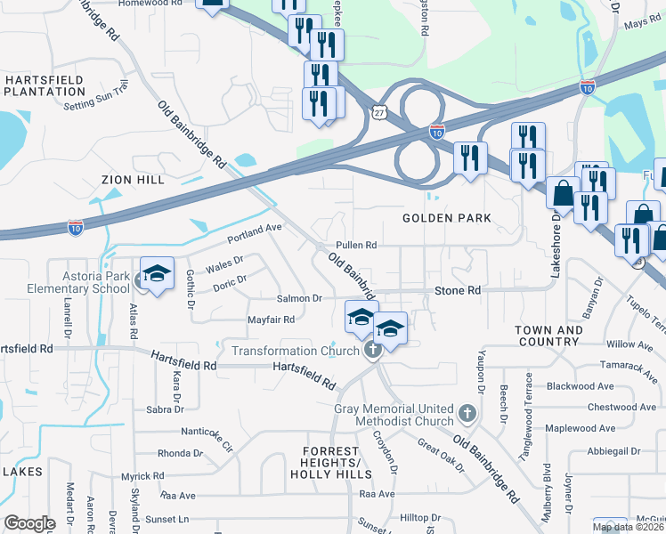 map of restaurants, bars, coffee shops, grocery stores, and more near 2525 Willamette Road in Tallahassee