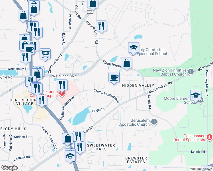 map of restaurants, bars, coffee shops, grocery stores, and more near 3045 Rain Valley Circle in Tallahassee
