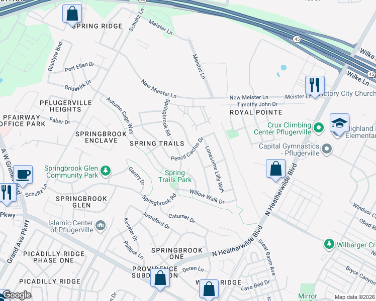 map of restaurants, bars, coffee shops, grocery stores, and more near 18809 Pencil Cactus Drive in Pflugerville