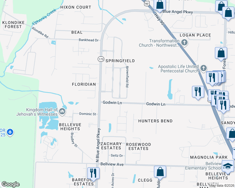 map of restaurants, bars, coffee shops, grocery stores, and more near 4004 Glenway Drive in Pensacola