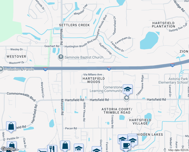 map of restaurants, bars, coffee shops, grocery stores, and more near 2713 Via Milano Avenue in Tallahassee