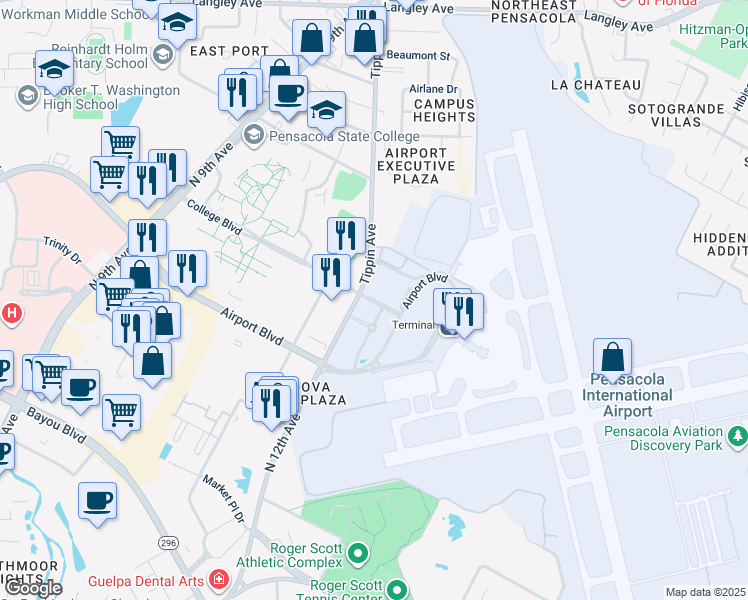 map of restaurants, bars, coffee shops, grocery stores, and more near 1201 College Boulevard in Pensacola